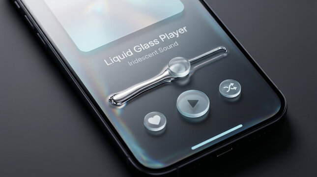Iridescent liquid glass UI elements are manipulated within a futuristic music player interface featuring translucent 3D icons and sleek dark glass.