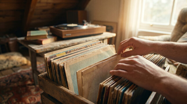 Searching for hidden musical treasures within a weathered wooden crate filled with aging vinyl records inside a cozy sun-drenched attic studio space.