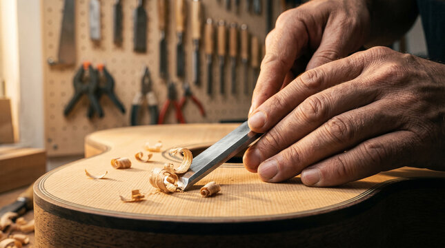 Handcrafted spruce wood surface being meticulously carved with a sharp metal chisel tool creating organic spiral shavings in a workshop setting.