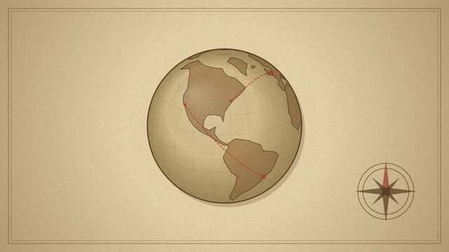 Vintage Earth Globe and Compass Rose Illustration on Aged Paper Background - Global Travel, Exploration, Old Map Concept