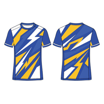 Blue and yellow sports jersey template with lightning strike graphic pattern