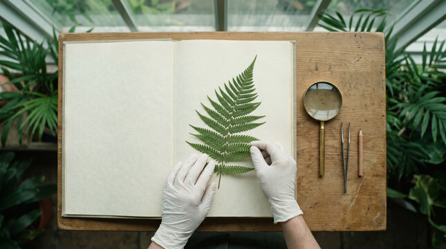 Preserving the intricate vascular structures of a green fern leaf onto a vintage herbarium page within a misty glass greenhouse laboratory.