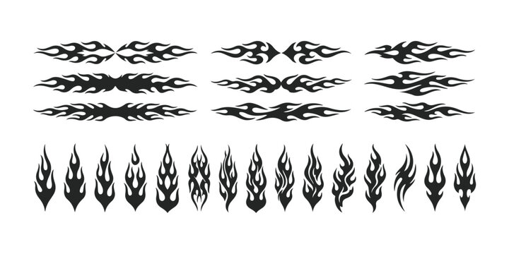 Set of black tribal flame shapes and fire design elements for tattoos and graphic decoration