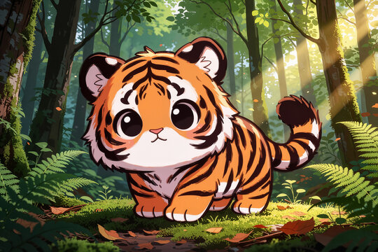 A cute chibi cartoon illustration of a tiger in a forest