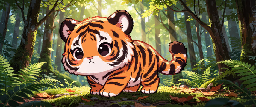 A cute chibi cartoon illustration of a tiger in a forest