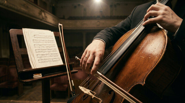 Polished wooden resonance is meticulously manipulated through the vibration of steel strings as expert hands guide a bow across a vintage cello body.