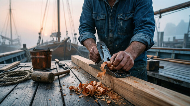 Shaving a weathered timber beam with a hand plane on a historic sailing ship deck amidst the misty sunrise glow of a traditional maritime shipyard.