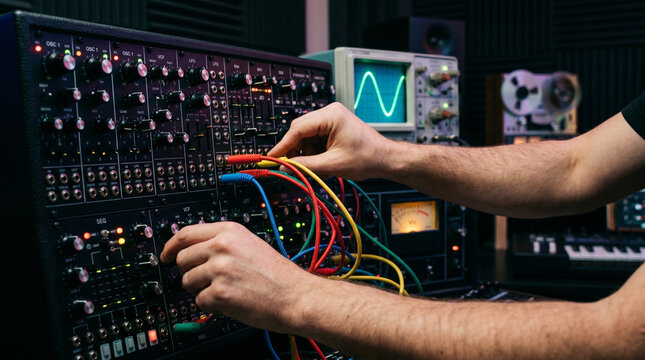 Oscillating electronic signals are modulated through the manual routing of colorful patch cables across a professional modular synthesizer interface.