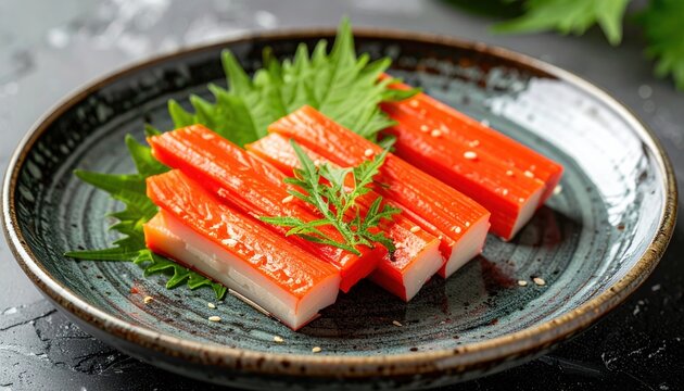 Crab stick surimi slices with green shiso on ceramic plate