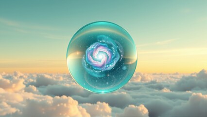 Fototapeta premium Glowing sphere contains swirling galaxy, suspended above clouds. Soft sunset hues create dreamy atmosphere. Beautiful cosmic scene.