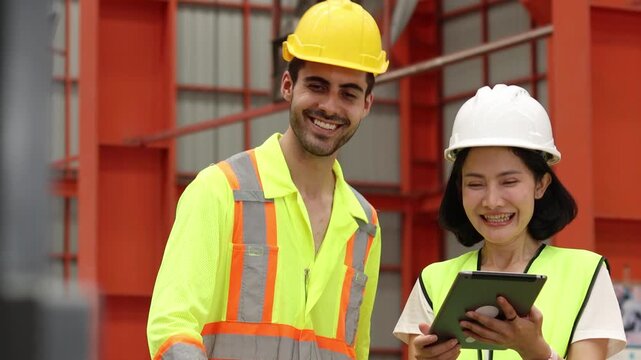 Cheerful female Asian supervisor with helmet and safety vest holds tablet, discus about machine maintenance with engineer worker at industrial factory. Happy diverse technician team working together.