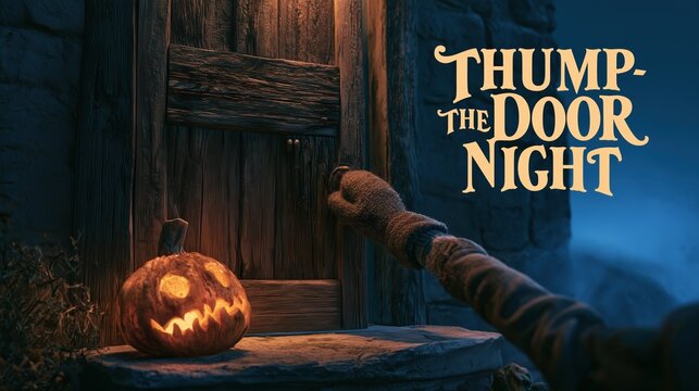 Banner photograph of an old weathered wooden cottage door at dusk with a carved turnip lantern glowing on the stone step and a child's mittened hand raised to knock, text "Thump-the-Door Night"