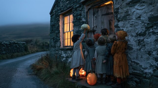 Thump-the-Door Night:a group of diverse children in simple homemade Halloween costumes lined up on a stone cottage doorstep at blue hour, one child raising a cabbage stump to thump the old wooden door