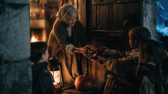 Thump-the-Door Night:a rustic stone cottage as an elderly woman in a wool cardigan opens the heavy wooden door and hands apples, nuts and homemade treats to costumed children waiting outside