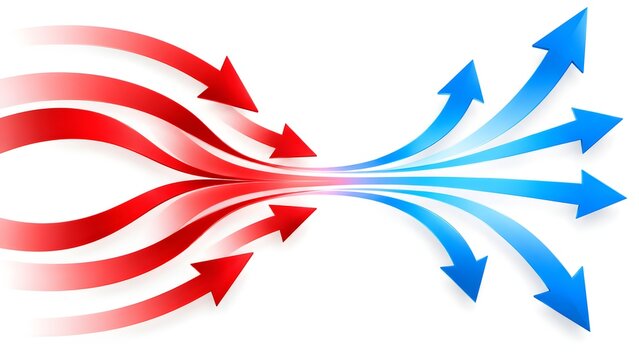 Red and blue arrows merging together and splitting apart representing business merger data integration and strategic divergence