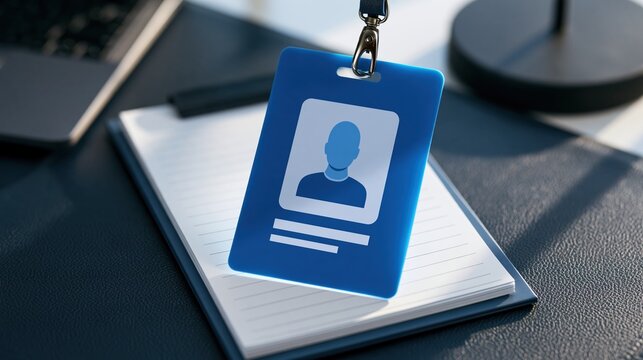 Employee identification card badge hanging over office notebook
