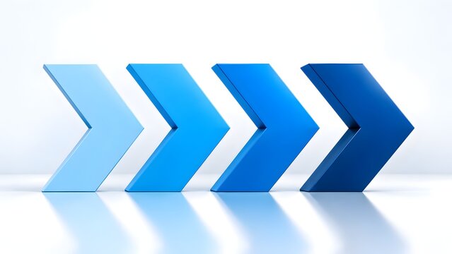 Sequential 3d blue chevron arrows representing business progress step by step workflow and corporate strategy