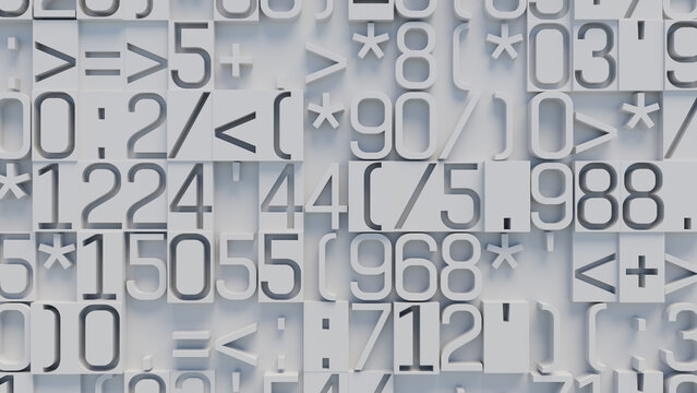 Close-Up of Textured Surface Featuring White Mathematical Characters and Programming Symbols in Random Mosaic Arrangement on Light Background for Tech and Education Visuals