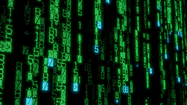 Vibrant Mosaic of Varied Green and Blue Text Characters on Dark Background, Showcasing Complex Textures for Digital Art, Data Visualization, and Technology Applications