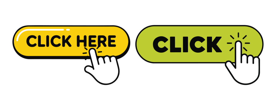 Click here and click button set with hand cursor for website call to action design elements.
