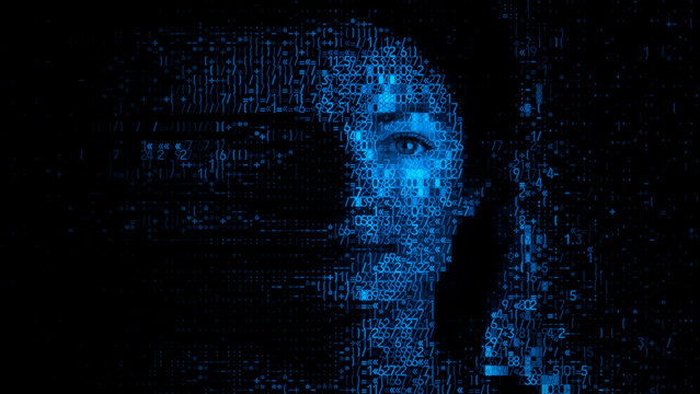 Human Face dissolving into Numeric Code. Liveness Detection Concept.