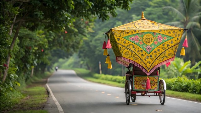 Rear view of a traditional colorful rickshaw with a decorative yellow