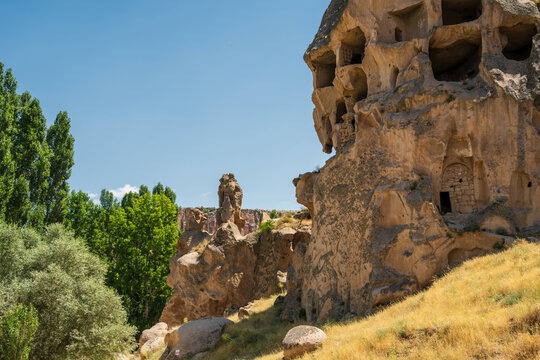 Historic cave complex of Selime Cathedral carved into Cappadocia volcanic rock