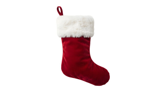 Red velvet christmas stocking with white faux fur cuff isolated on transparent background