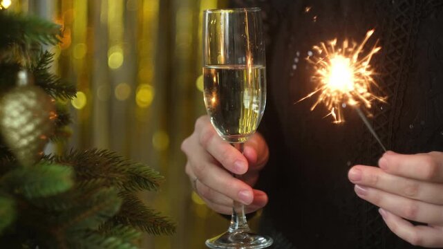 Woman celebrates New Year while holding glass of champagne and sparkler in her hand