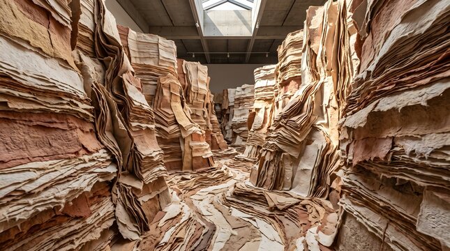 Spectacular indoor paper art installation representing a deep canyon with layered textured walls