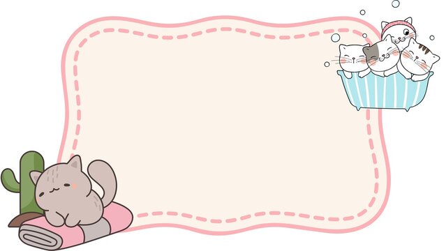 Charming vector illustration of three blank frames with cute cartoon cats, one in a teacup and another celebrating. Ideal for delightful notes, invitations, or sweet cards