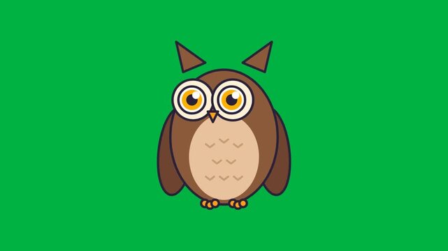 Cute cartoon owl illustration with big eyes on a vibrant green screen background, depicting wisdom, nature, and education themes.