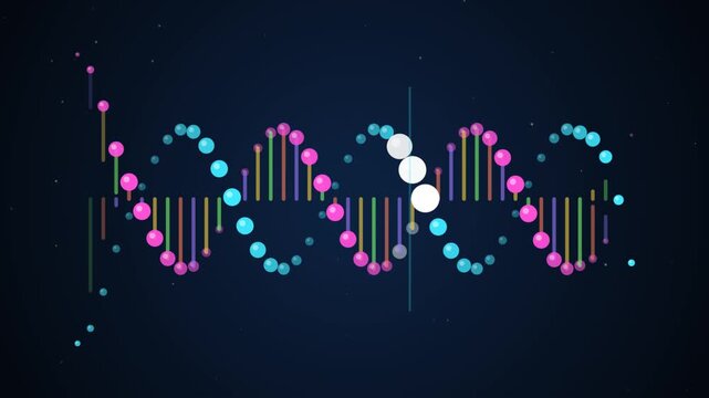 Digital representation of a DNA helix, featuring colorful data points and wave patterns, symbolizing genetics, science, and technology.