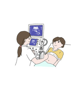 腹部超音波検査を受ける女性患者と女性臨床検査技師のベクターイラスト（腹部エコー・健康診断・人間ドック・医療・手描き風素材）