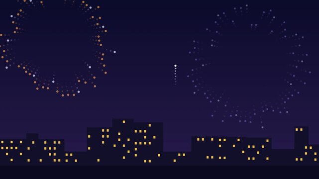 Vibrant city skyline at night with exploding fireworks, urban celebration event, festive holiday background illustration.