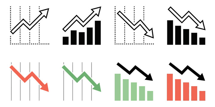 Stock market trends financial indicators set with rising and falling arrows and bar charts.