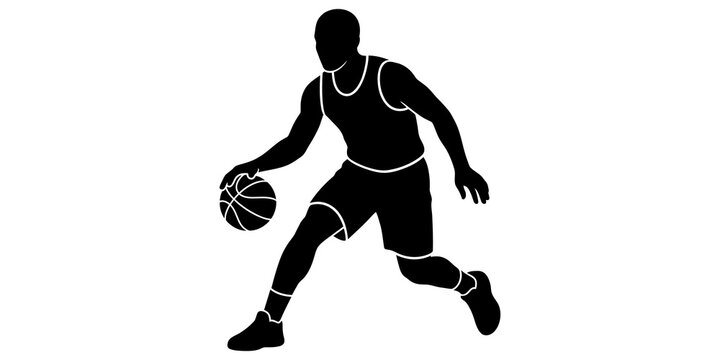 Basketball player dribbling ball silhouette for sports apparel and logo design.