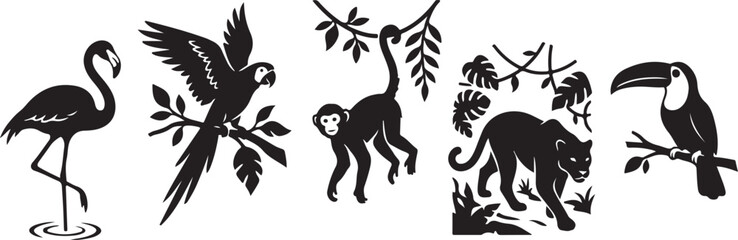 Fototapeta premium Set of tropical jungle animals silhouettes