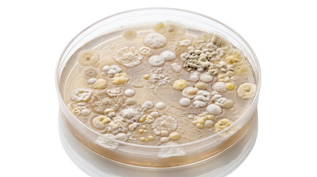 Bacterial colonies growing in petri dish, microbiology research agar plate, lab culture sample isolated on white background