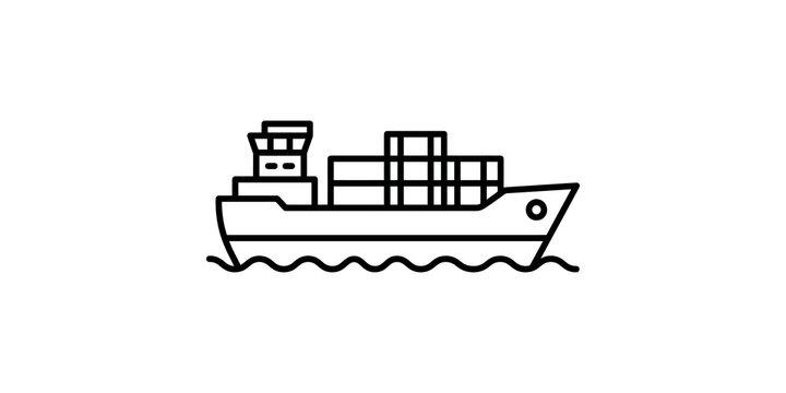 Container cargo ship sailing on wavy water in minimalist line art style for maritime transport and global logistics.