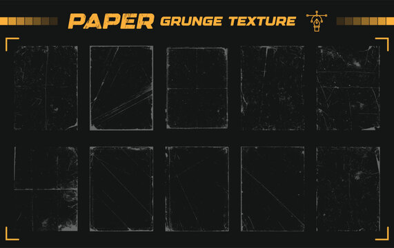 Old folded paper grunge texture bundle. Creased worn surface overlays with scratches and dust. Aged grain rustic vector backgrounds. Great for vintage print and photo effect projects.
