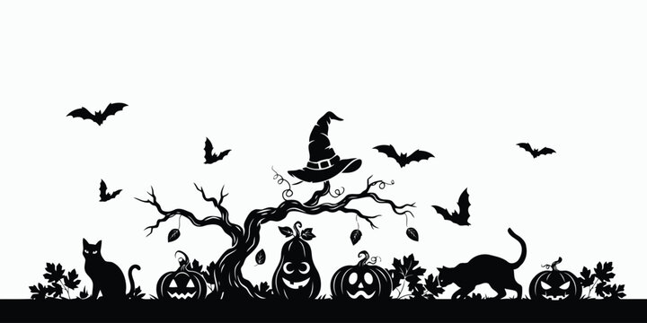 Halloween Spooky Scene Silhouette Border with Pumpkins and Cats vector