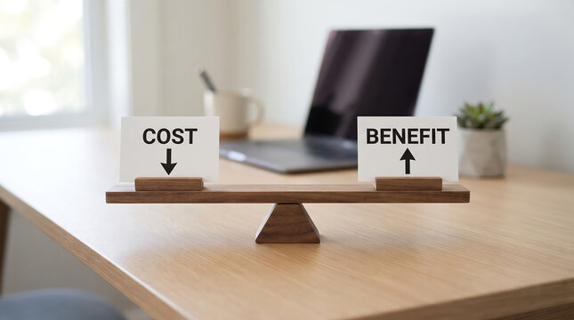 Balancing cost benefit analysis model on wooden table with laptop background