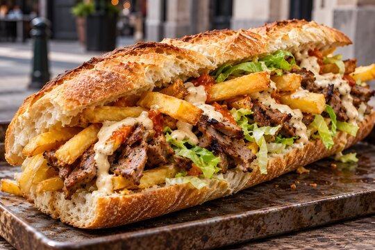 Gourmet baguette sandwich filled with grilled meat and french fries, street food beef kebab sandwich with white sauce, hearty fast food takeaway meal idea