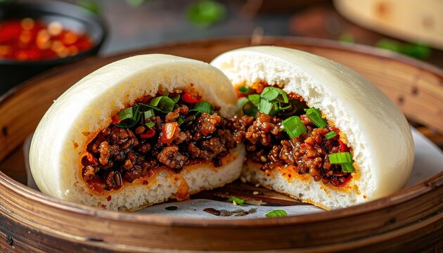 Asian bao revealing savory filling and soft texture