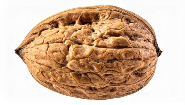 Whole walnut showing textured shell isolated on white