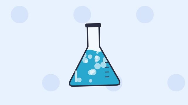 Flat vector illustration of a conical flask with bubbling blue liquid. Science experiment, chemical reaction, laboratory research.