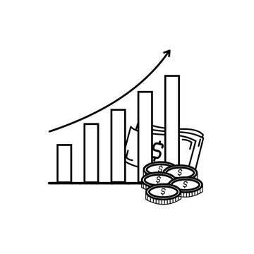 A bar chart showing a continuous upward trend, with illustrations of money surrounding it. Black and white. Business and economic concept. 