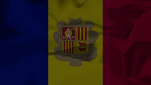 Dimly lit andorran flag with a muted color palette, creating a somber yet dignified atmosphere