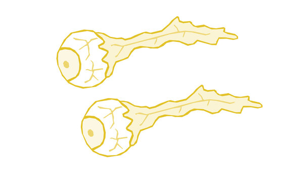 Yellow outline illustration of two creepy severed eyeballs with optic nerve and veins, spooky Halloween horror eye sketch isolated on white background for scary party poster, zombie and monster design